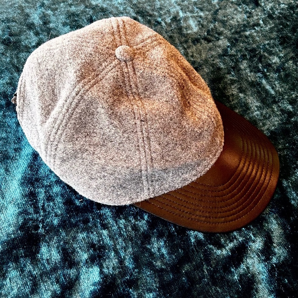 J. Crew Black Leather & Heather Gray Wool Baseball Style Cap